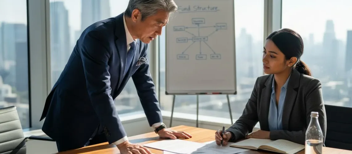 Family office advisors reviewing fund structure papers