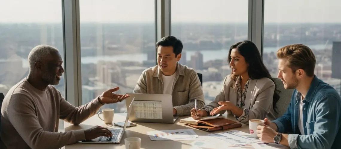 Multi-generational family meeting in city office