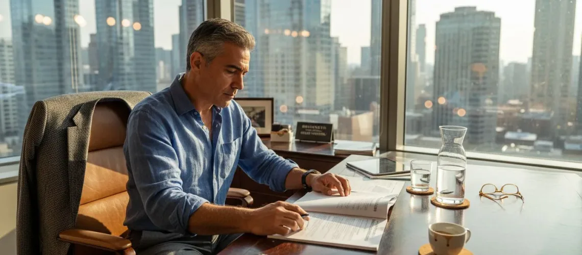 Executive reviewing portfolio in corner office