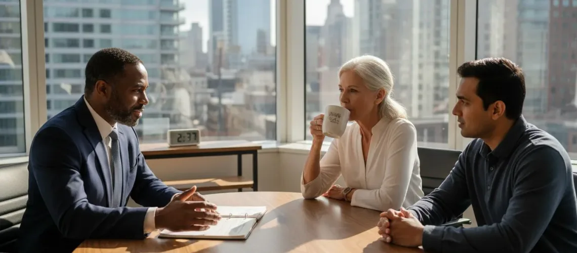 Advisor consulting family in city view office