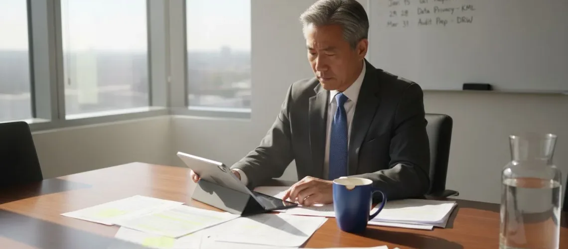 Executive reviewing compliance documents in sunlit office