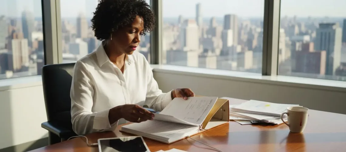 Investment manager reviewing accounts in corner office