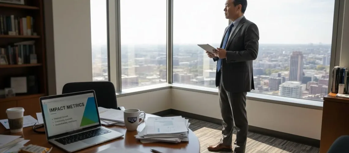 Executive in corner office reviewing impact reports