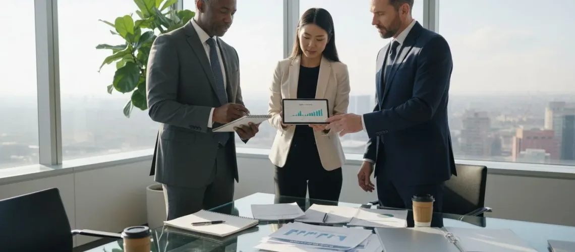 Family office team reviewing financial charts