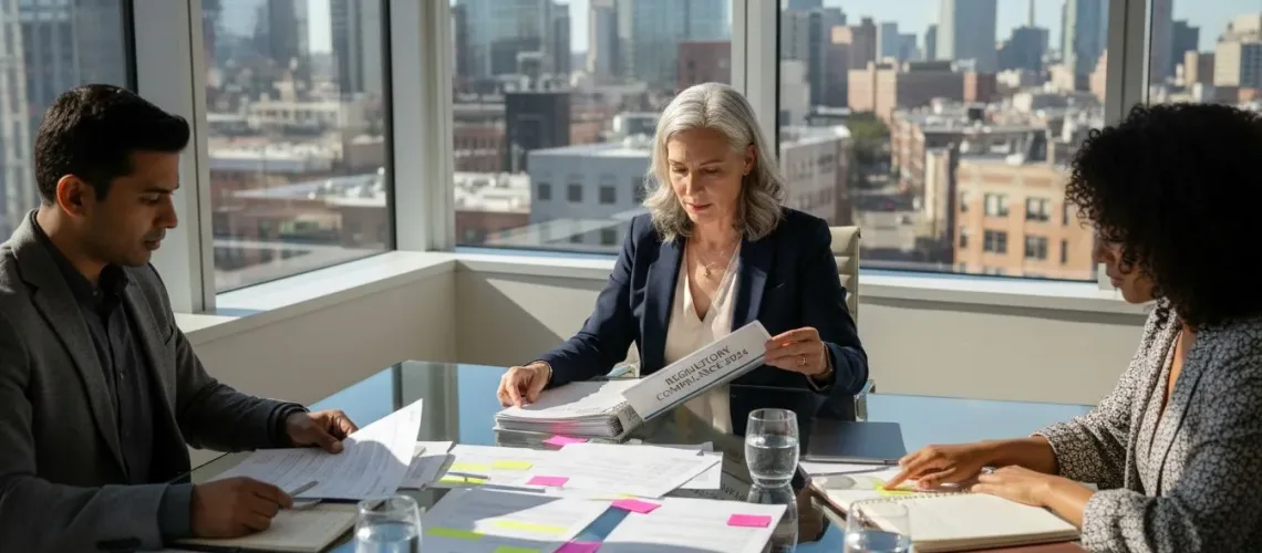 Compliance team meeting in glass-walled office