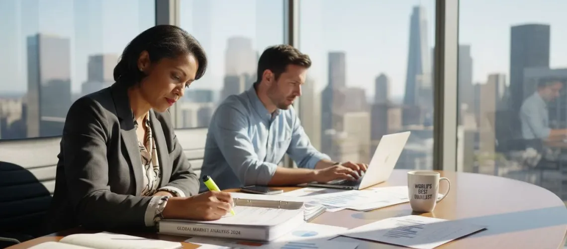 Family office team reviewing benchmarking reports
