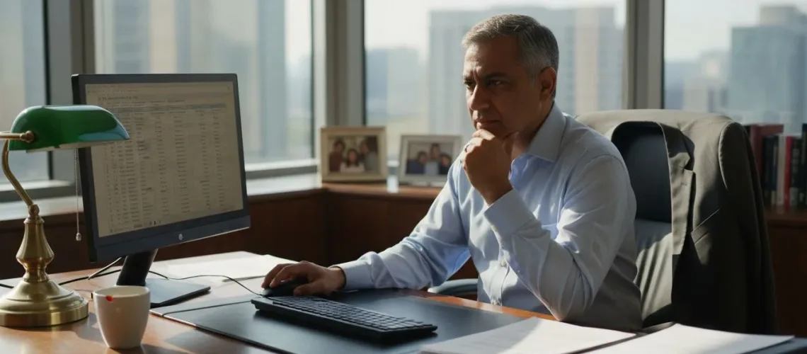 Family office executive at desk reviewing spreadsheet