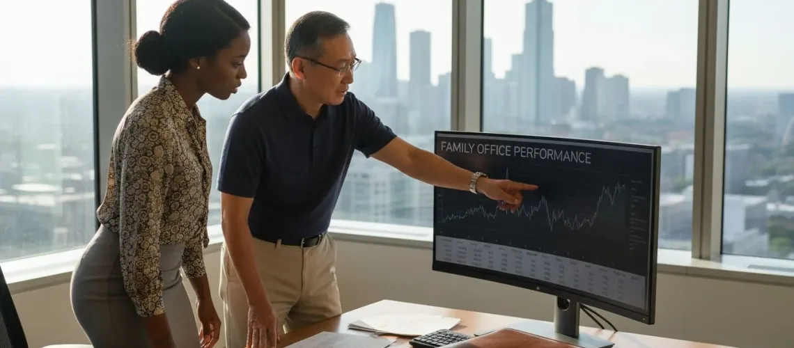 Family office executives reviewing KPI charts