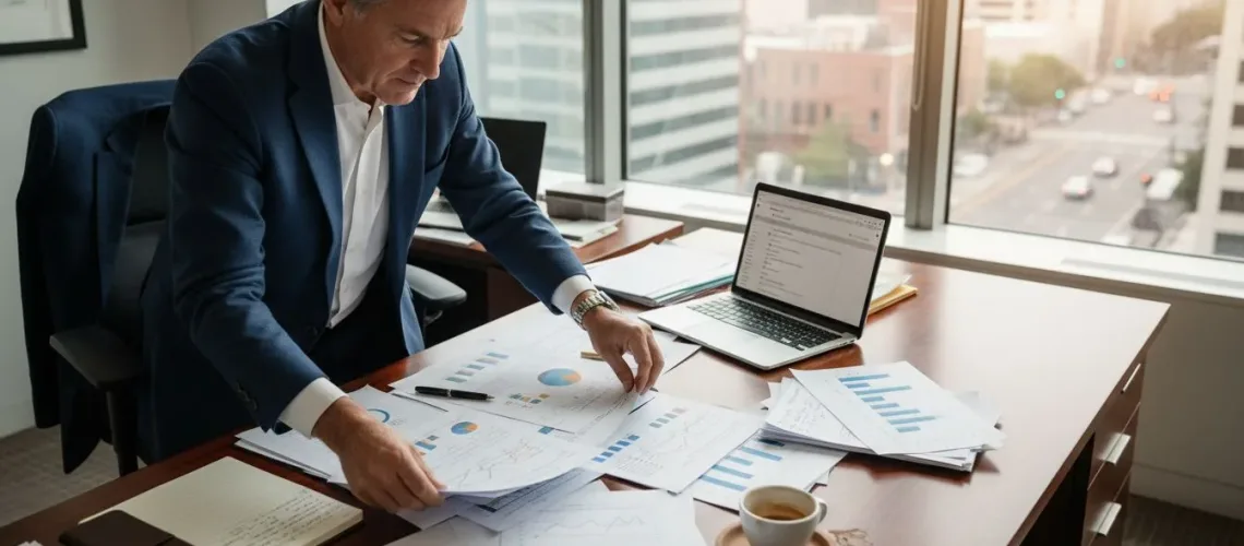 Senior analyst sorting investment reports at desk