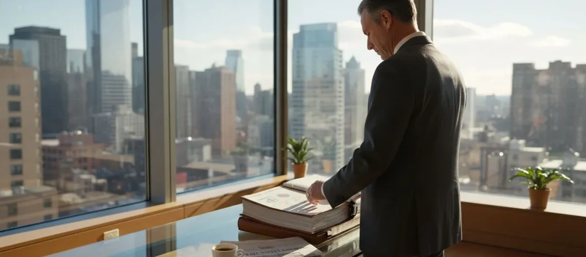 Wealthy investor with portfolio in city office