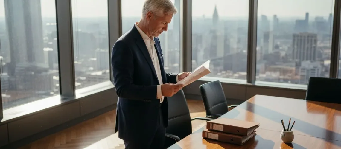 Executive reviews risk report in corner office