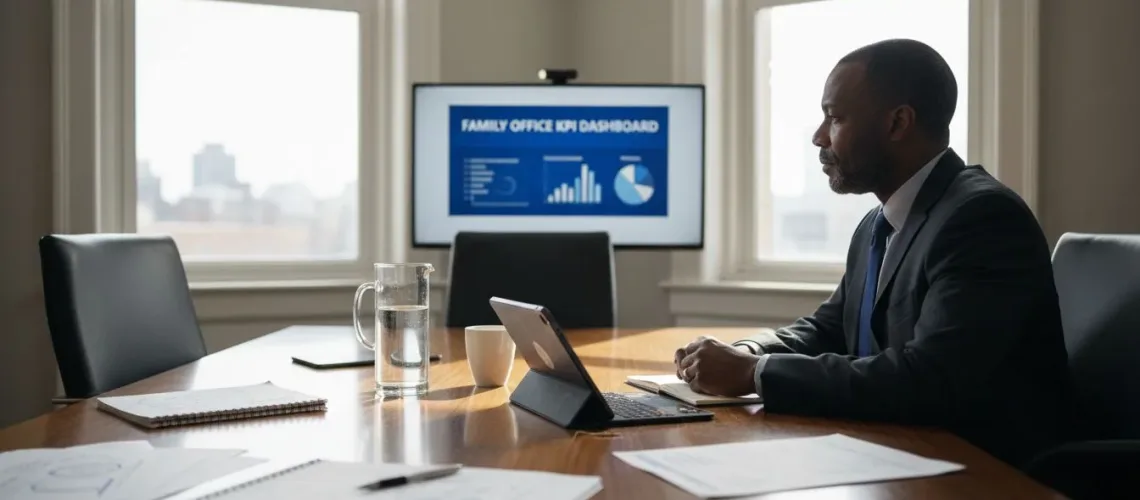 Executive reviewing benchmarking dashboard in office