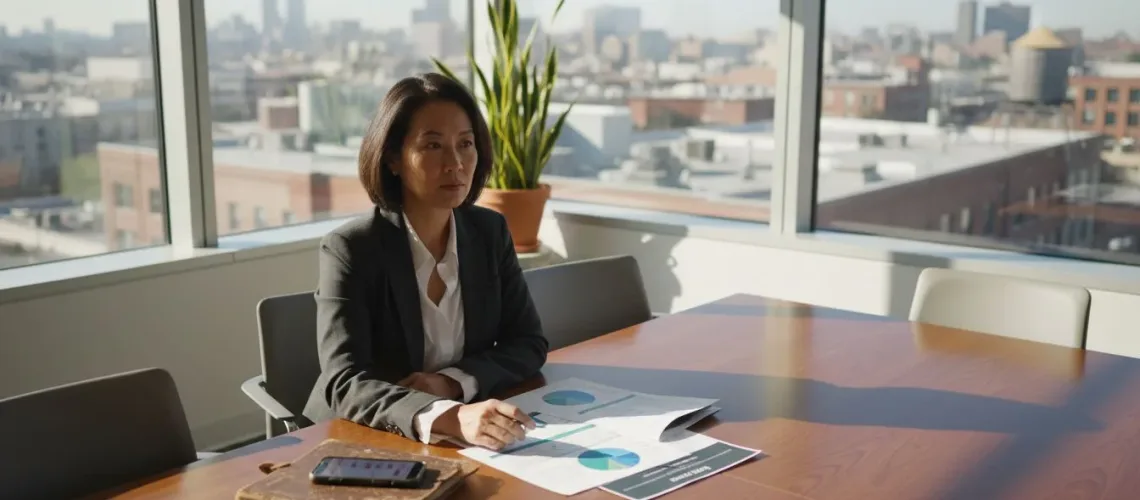 Professional reviews investment portfolio charts in office