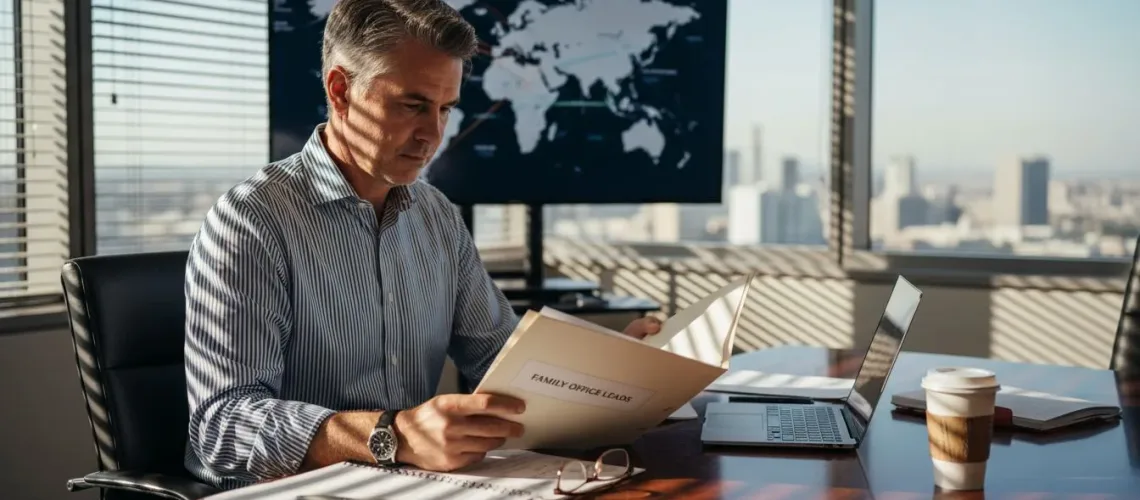 Executive reviewing lead generation documents in a boardroom