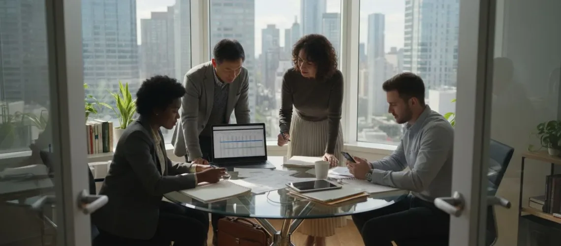 Four professionals collaborating in corner office