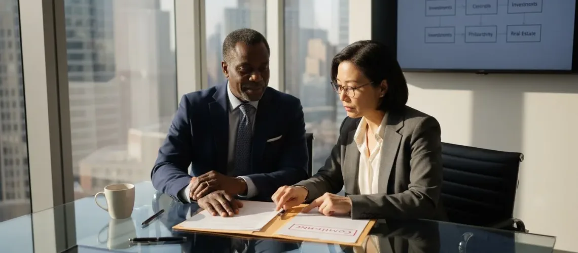 Executives reviewing compliance documents in corner office