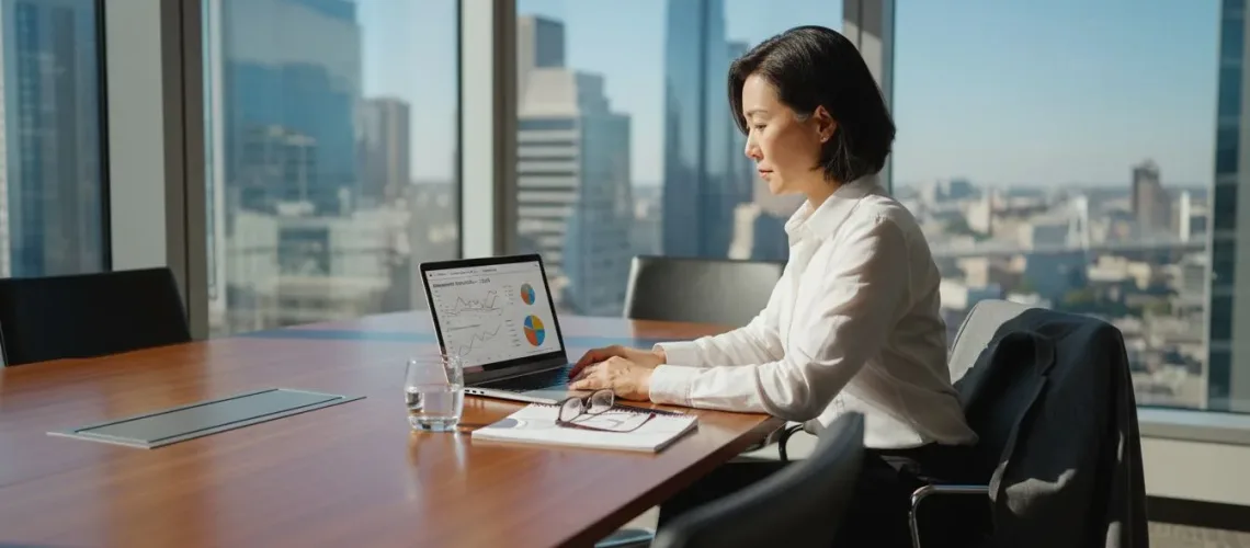 Advisor reviewing wealth charts in corner office