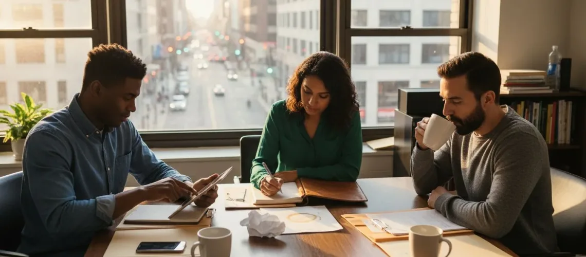 Business team networks in city office meeting